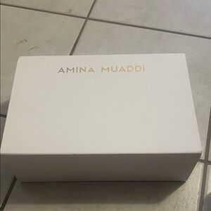 Amina Muaddi White and Gold Shoe Box